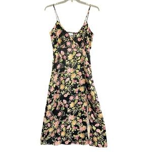 NSR Maxi Dress Satin Polyester Floral Black Pink Green Side Slit Size Small